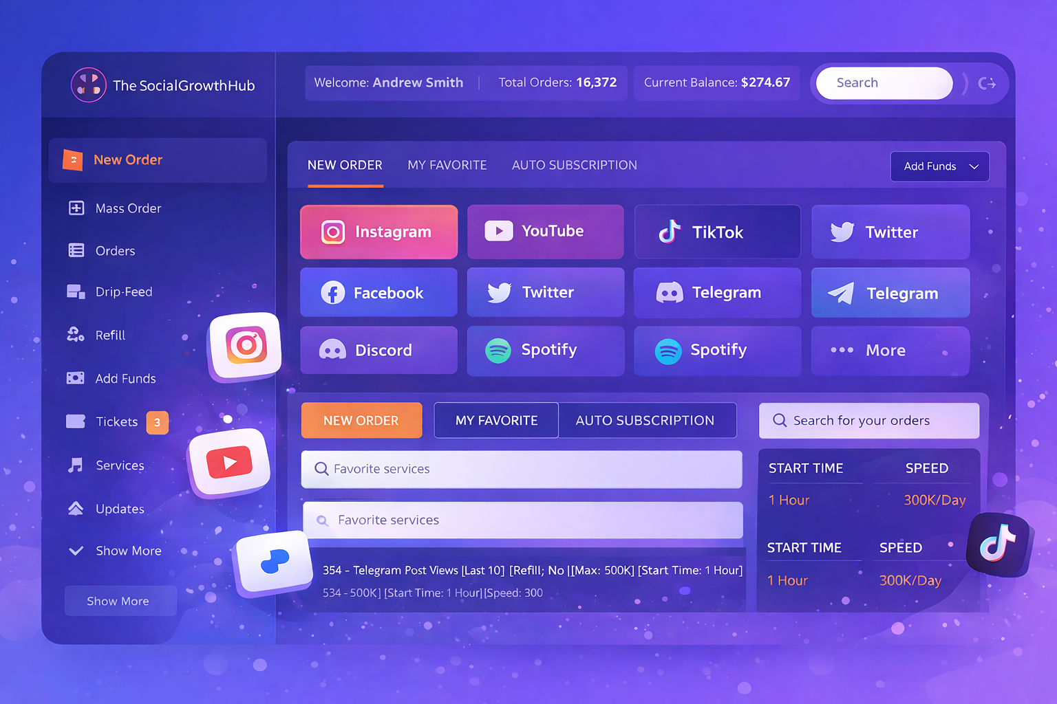 Social growth dashboard interface
