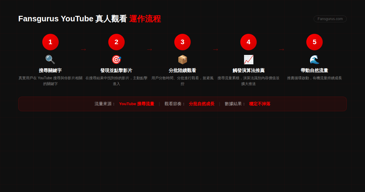 Fansgurus YouTube真人觀看運作流程：搜尋關鍵字-發現點擊-分批觀看-觸發演算法-帶動自然流量