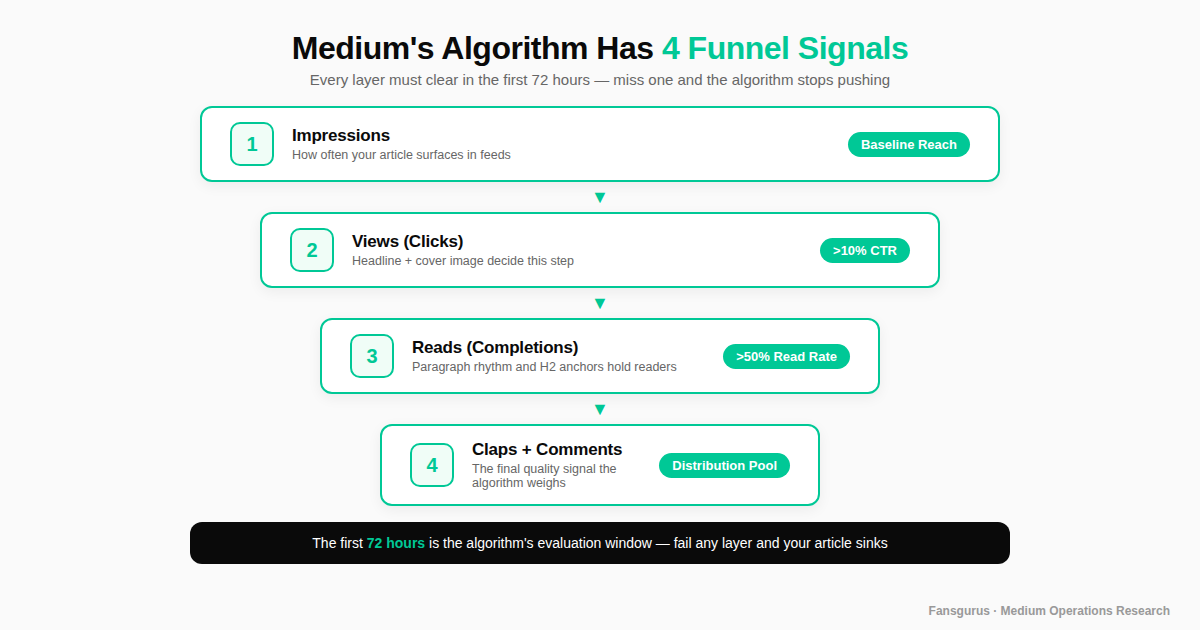 Medium algorithm core signals impressions clicks read ratio claps funnel