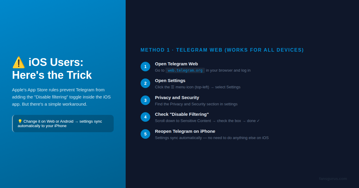 Telegram sensitive content iOS workaround via Telegram Web - disable filtering setting