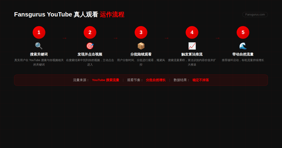 Fansgurus YouTube真人观看运作流程：搜索关键词-发现点击-分批观看-触发算法-带动自然流量