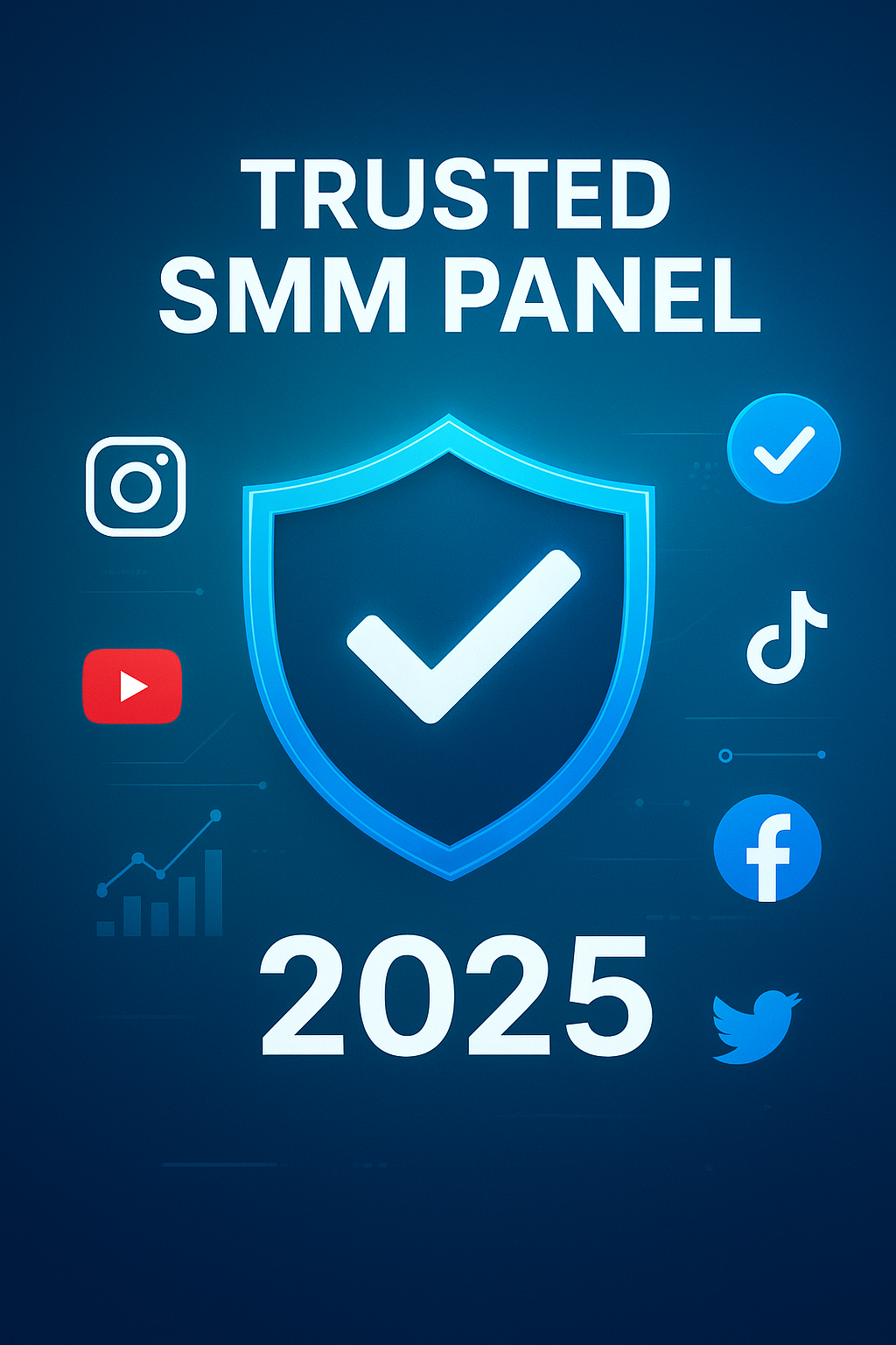 Digital design showing a large security shield with a checkmark, verified badge, and social media icons (Instagram, YouTube, TikTok, Facebook, Twitter) on a blue–teal gradient background. Includes analytics charts, connection lines, and the text ‘Trusted SMM Panel 2025’ with smmmerc.com branding, representing safe and reliable SMM services.