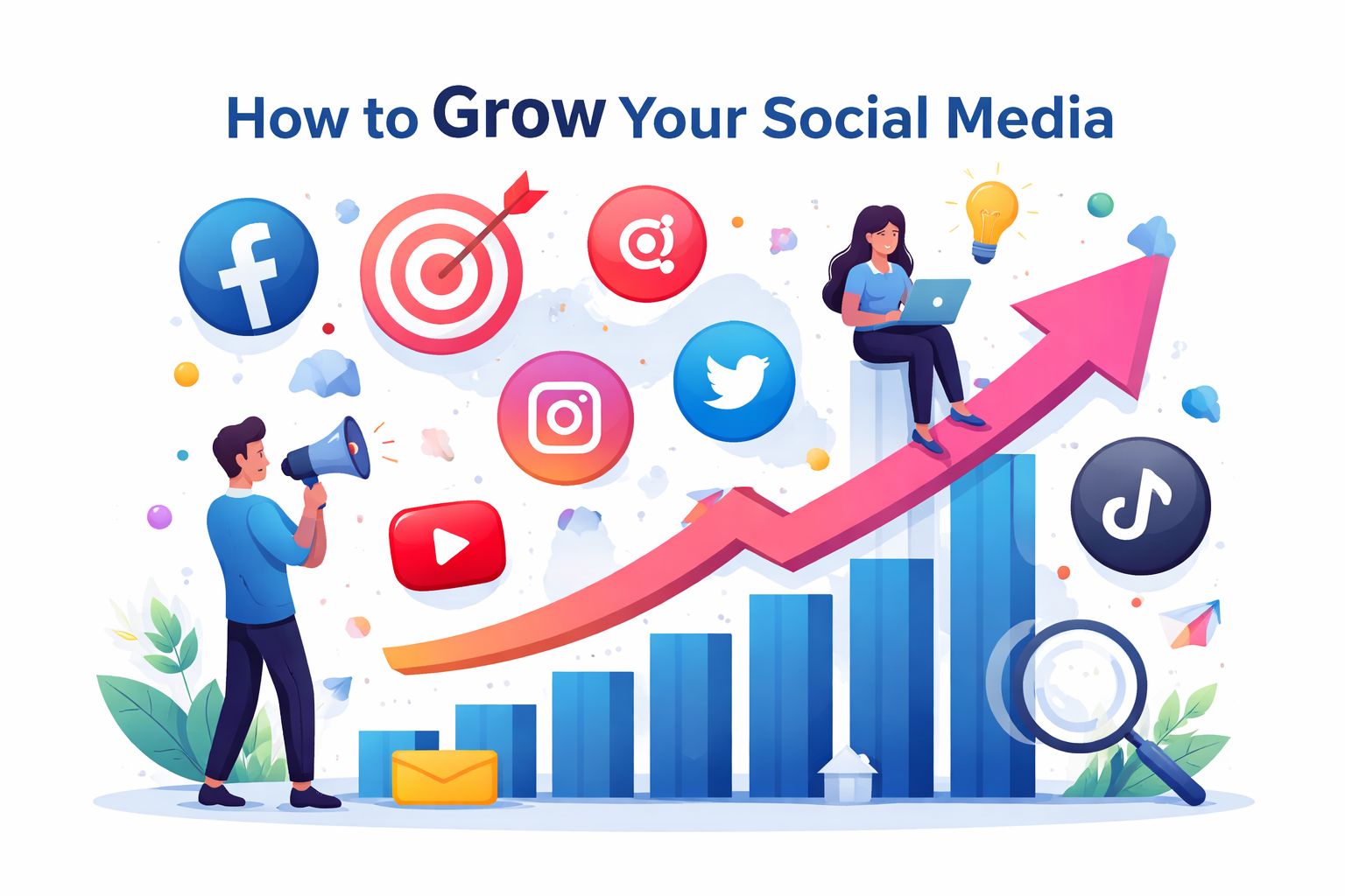 How to grow social media reach illustration with rising graph, marketing strategy icons, and content promotion concept