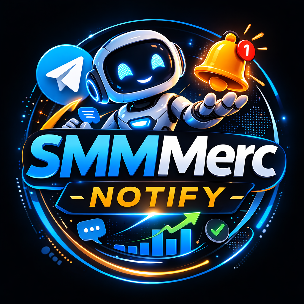 SMMMerc Notify Telegram bot logo featuring a robot with notification bell, growth chart and Telegram icon representing automated alerts and updates for SMMMerc social media marketing panel.