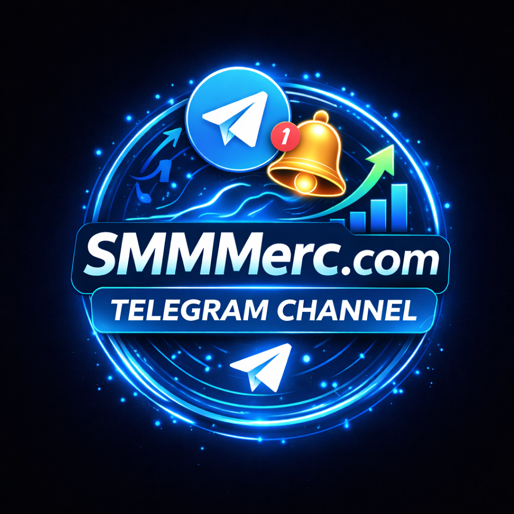 SMMMerc Telegram channel logo with Telegram icon representing official channel for SMMMerc service updates, alerts, and social media marketing panel notifications.