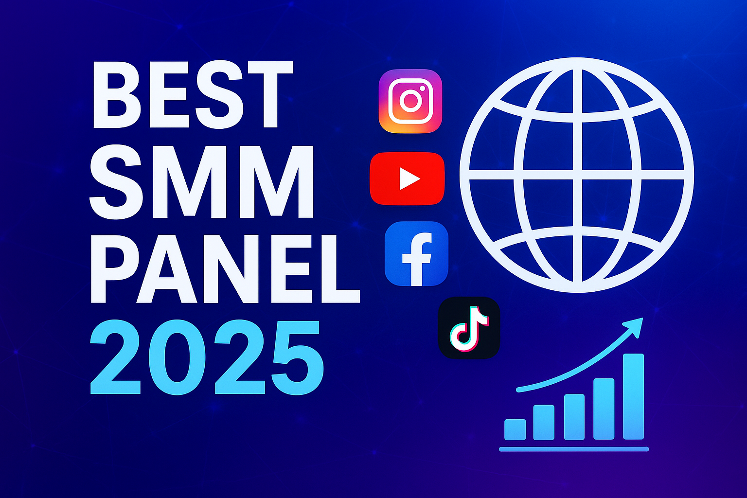 Best SMM Panel 2025 thumbnail featuring a globe, social media icons, analytics dashboard, and bold text promoting SMMMerc as top social media growth service
