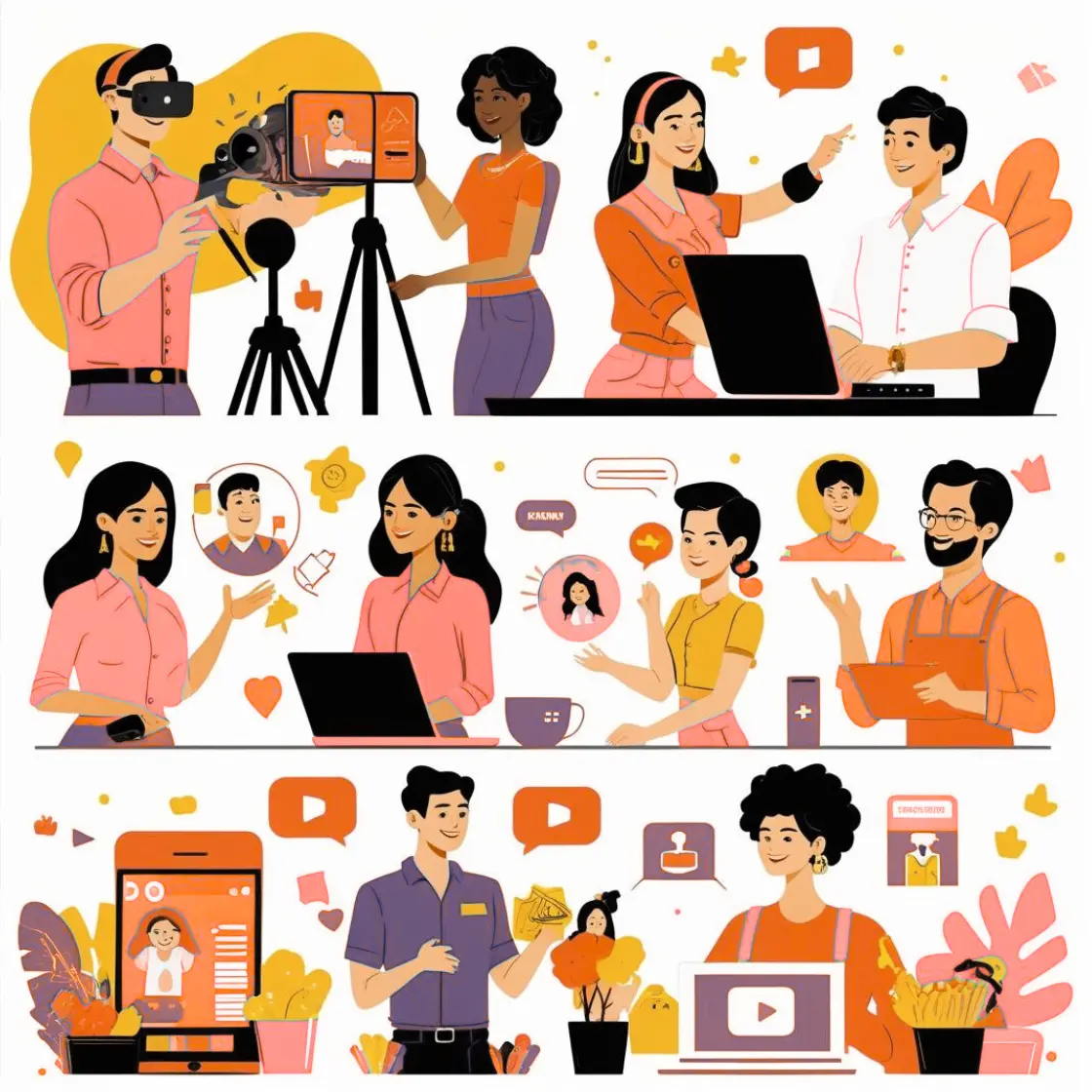 Illustration showing five professionals representing SMM UPI’s target audience – influencer, media agency, celebrity, small business owner, and enterprise representative – standing together on a black background