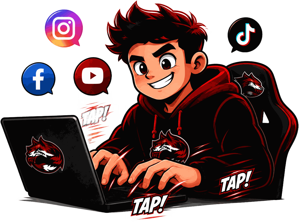 HQ Provider mascot typing on a laptop surrounded by social media icons