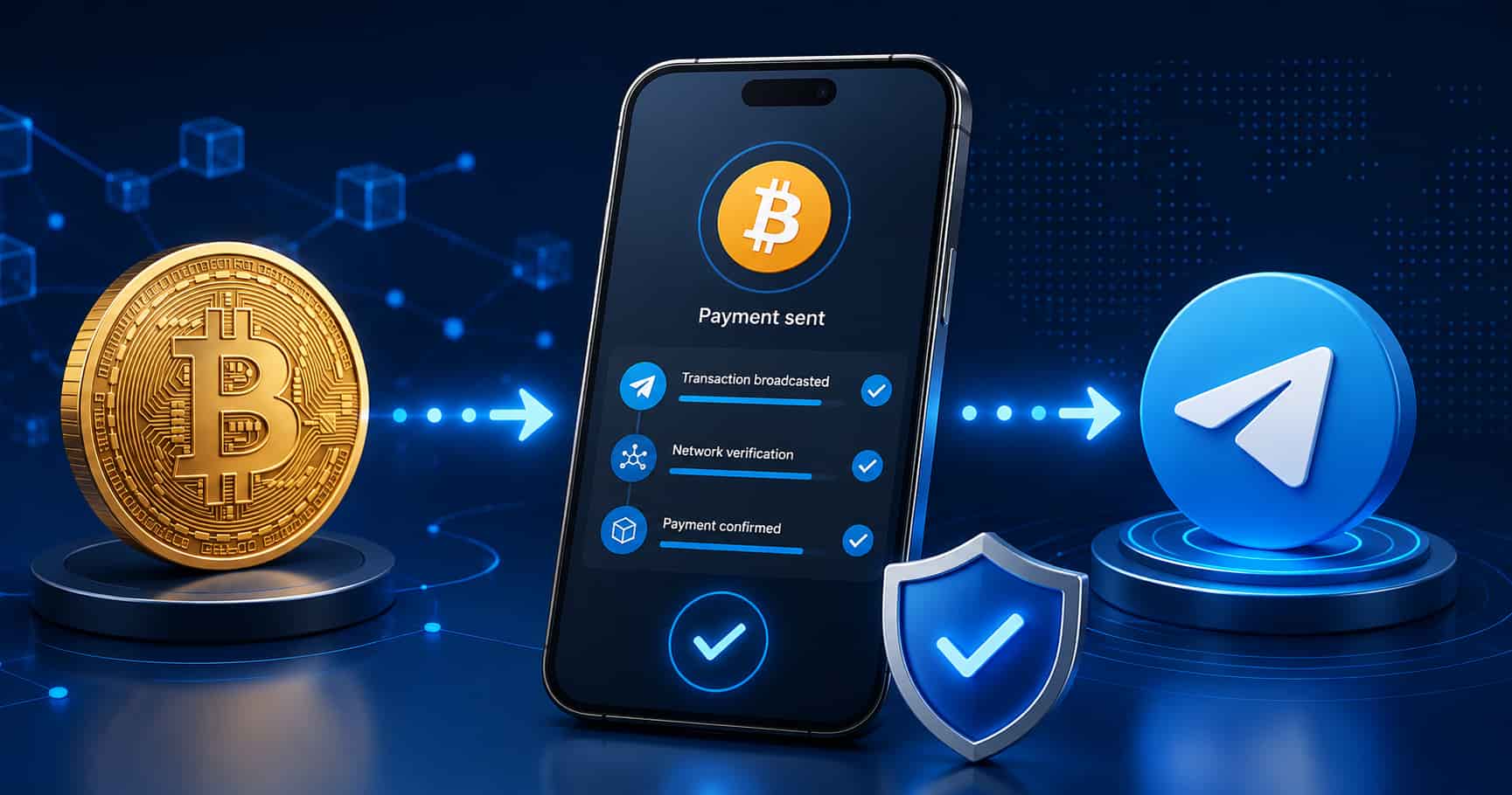 Bitcoin payment for Telegram services with transaction confirmation and security verification
