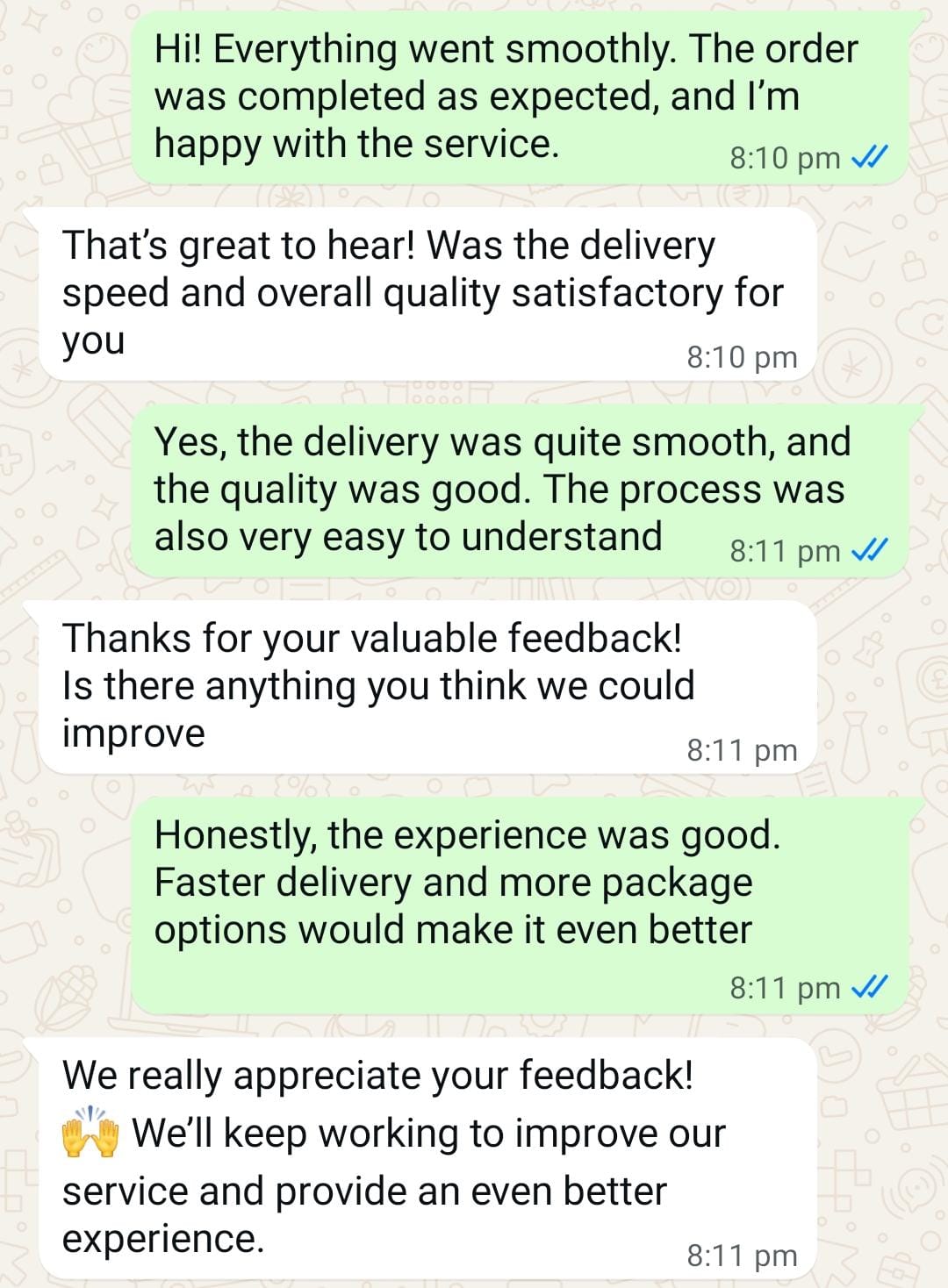Customer Feedback - screenshot of a WhatsApp conversation with a customer
