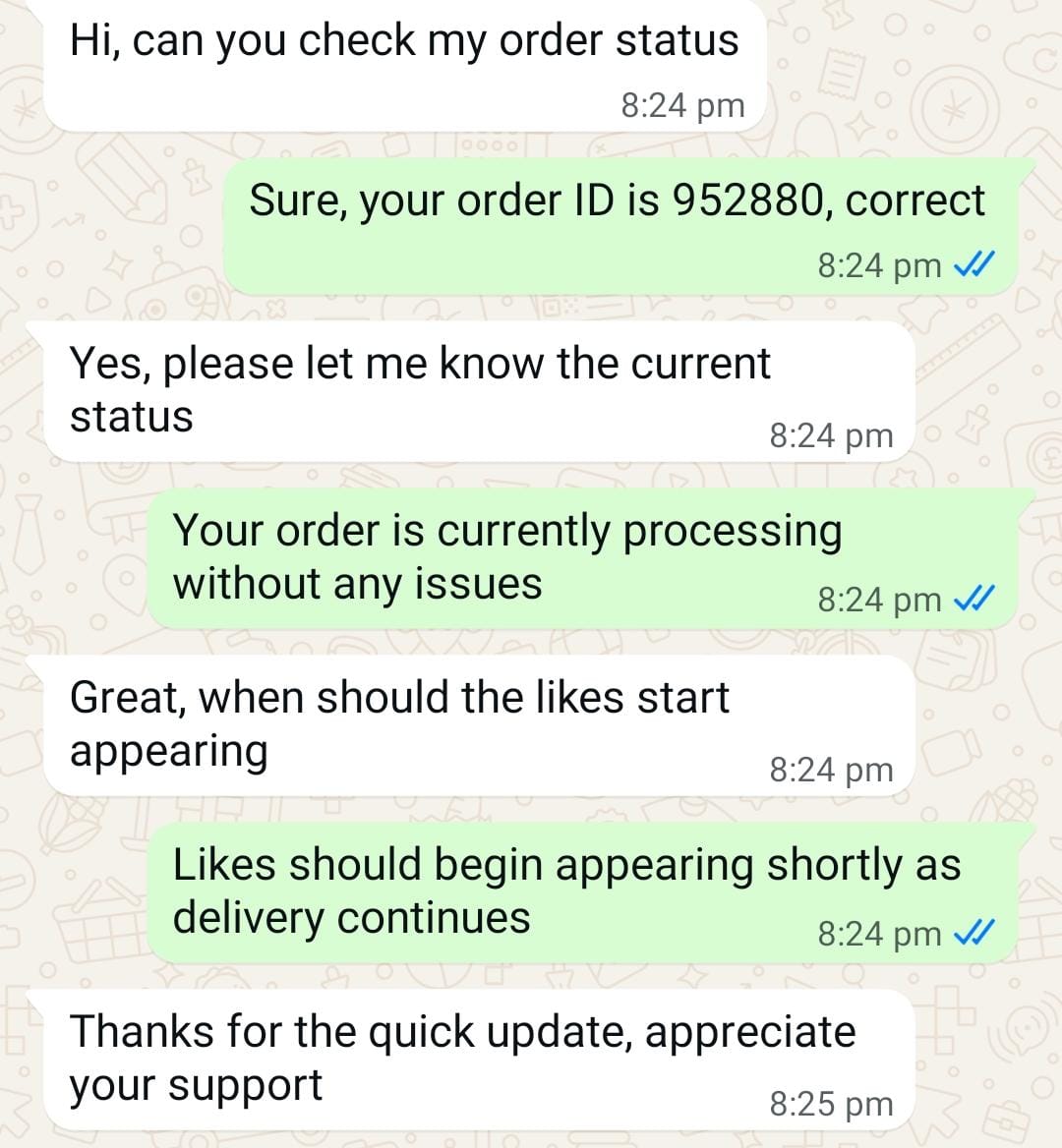 Order Update - screenshot of a WhatsApp conversation with a customer