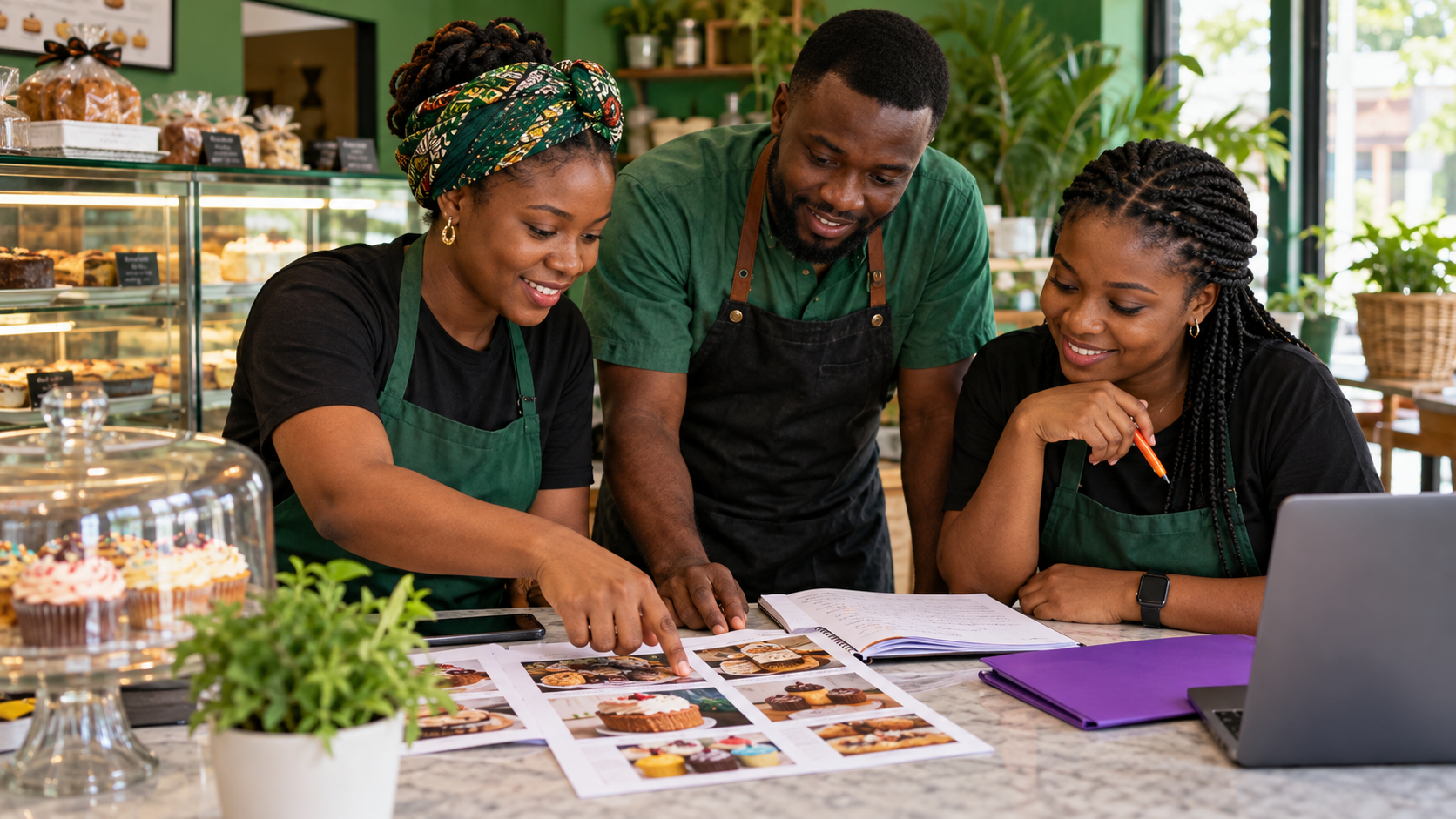 Nigerian bakery team reviewing a Facebook Page content and enquiry plan