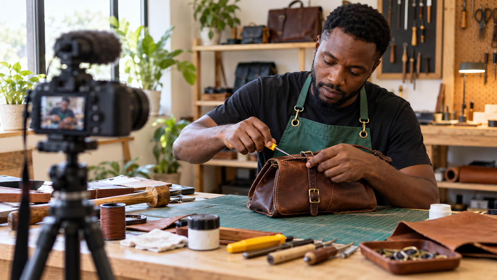 A Nigerian craft teacher filming a leather bag repair tutorial at a workbench
