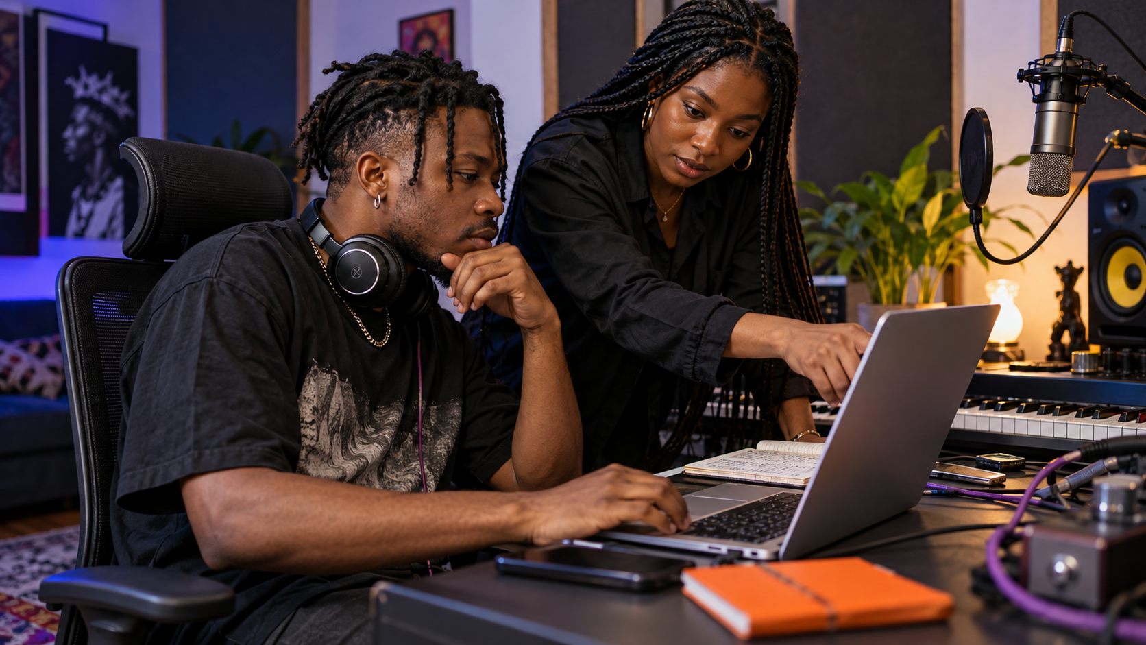 Nigerian musician and manager reviewing Audiomack release artwork and metadata