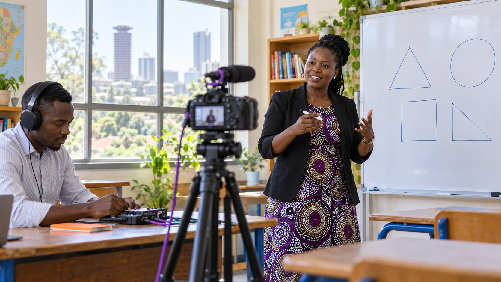 Kenyan teacher recording a practical lesson with a camera and whiteboard