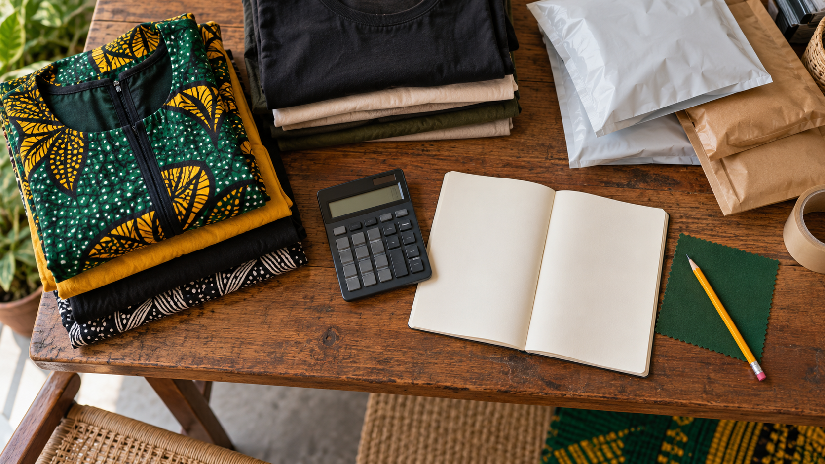 A social media manager and shop owner review a product photograph and order details at a desk