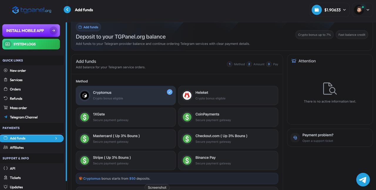 TGPanel add funds dashboard with card and crypto methods