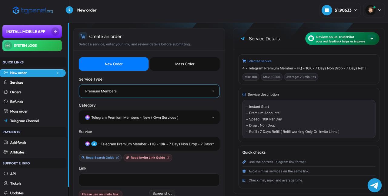 TGPanel free account signup dashboard