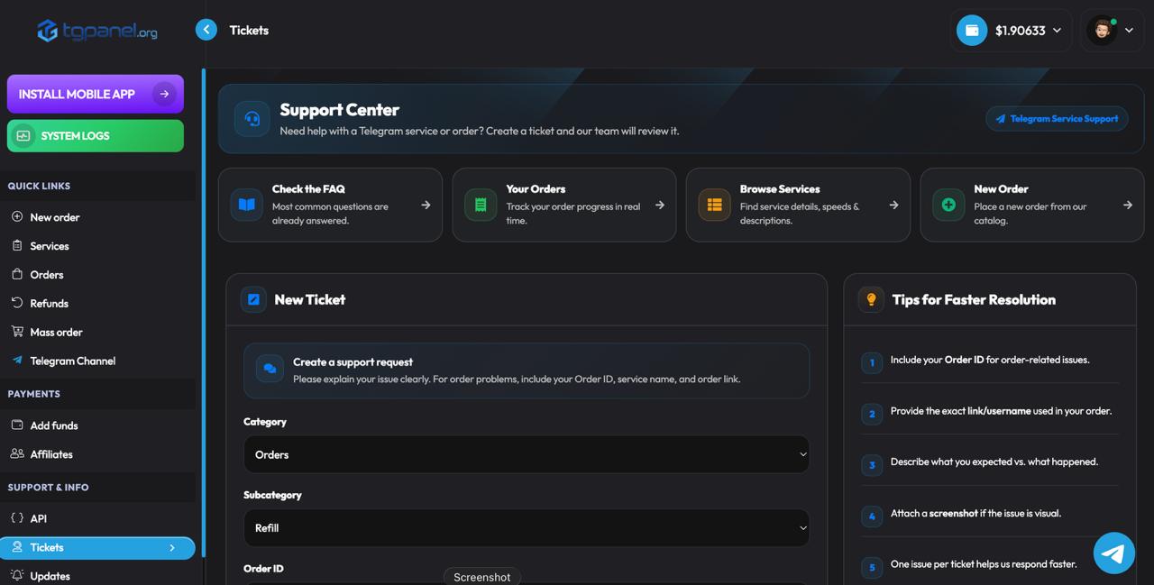 TGPanel order tracking and support dashboard