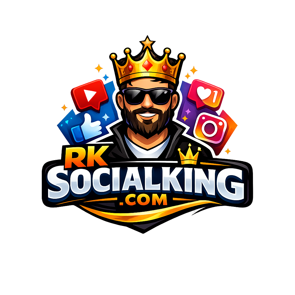 RK Social King logo with crowned king and social media icons symbolizing digital marketing services.