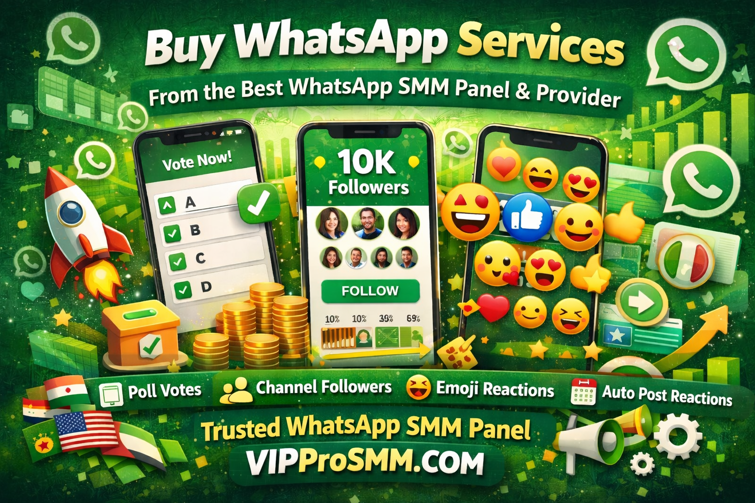 Buy WhatsApp services from the best WhatsApp SMM panel offering poll votes, channel followers, emoji reactions and auto post reactions