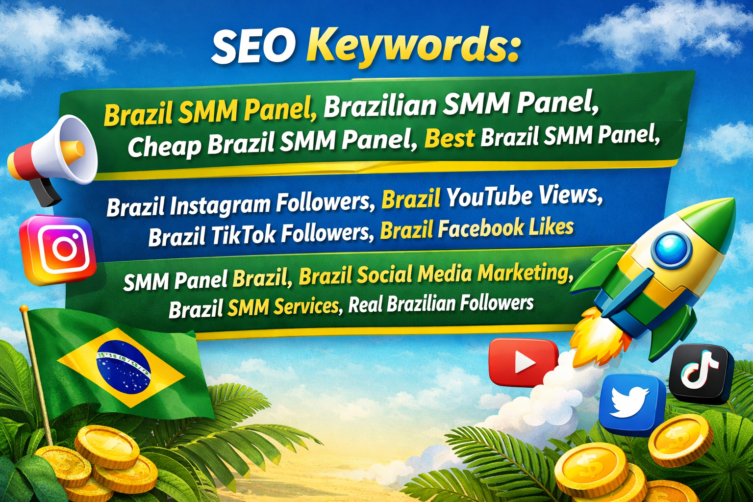 Brazil SMM Panel with Brazilian Instagram followers, YouTube views, TikTok followers, Facebook likes, and social media marketing services