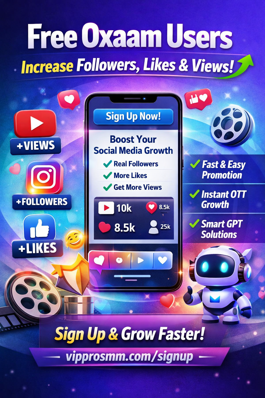 Free Oxaam users signup page image showing increase in followers likes and views using VIP PRO SMM social media growth services