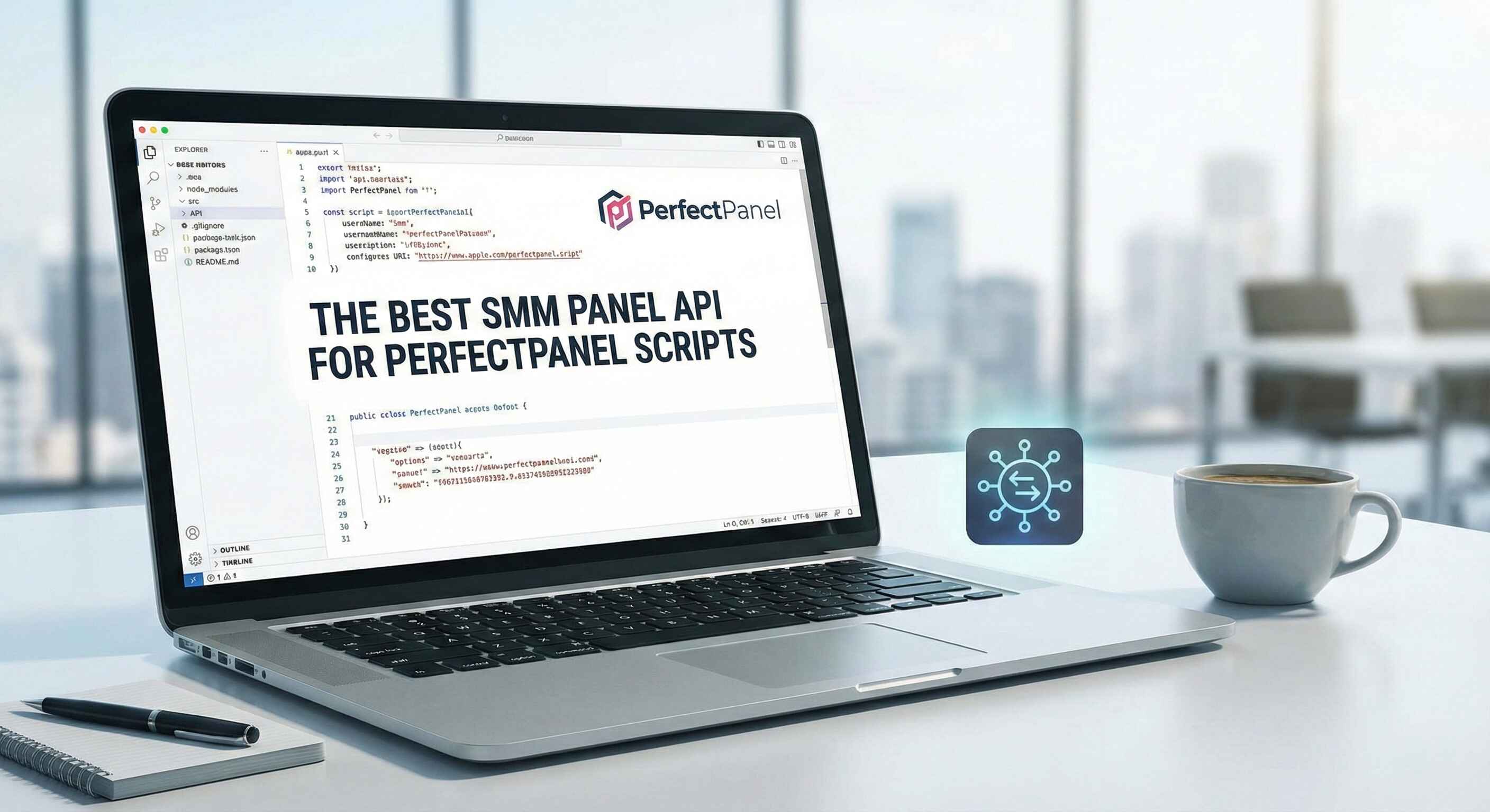 A photorealistic stock photo of a clean office desk featuring a laptop screen displaying lines of API code and a connection successful notification, representing seamless API integration for PerfectPanel SMM scripts.
