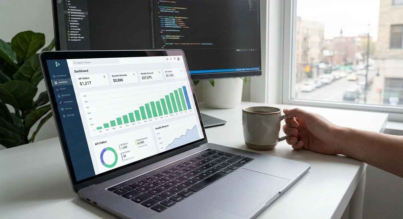 A high-quality photo of a laptop displaying social media growth analytics and business dashboards on a clean, professional workspace, representing a reliable SMM main provider panel.