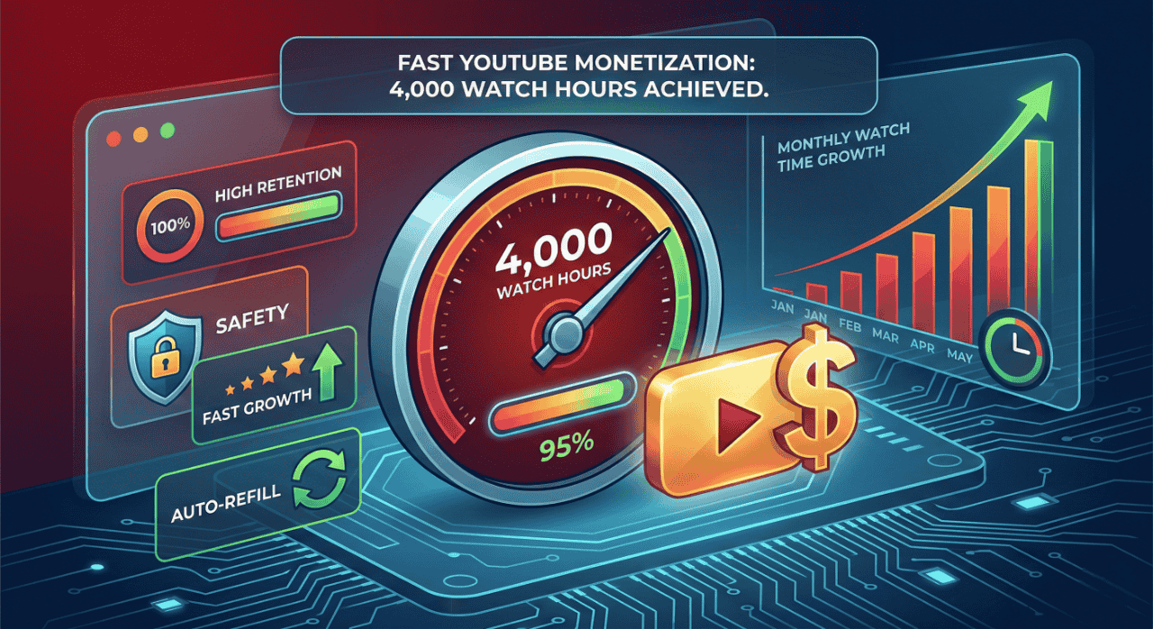SMM panel dashboard showing a gauge reaching 4,000 YouTube watch hours for fast channel monetization, featuring high retention and auto-refill metrics.