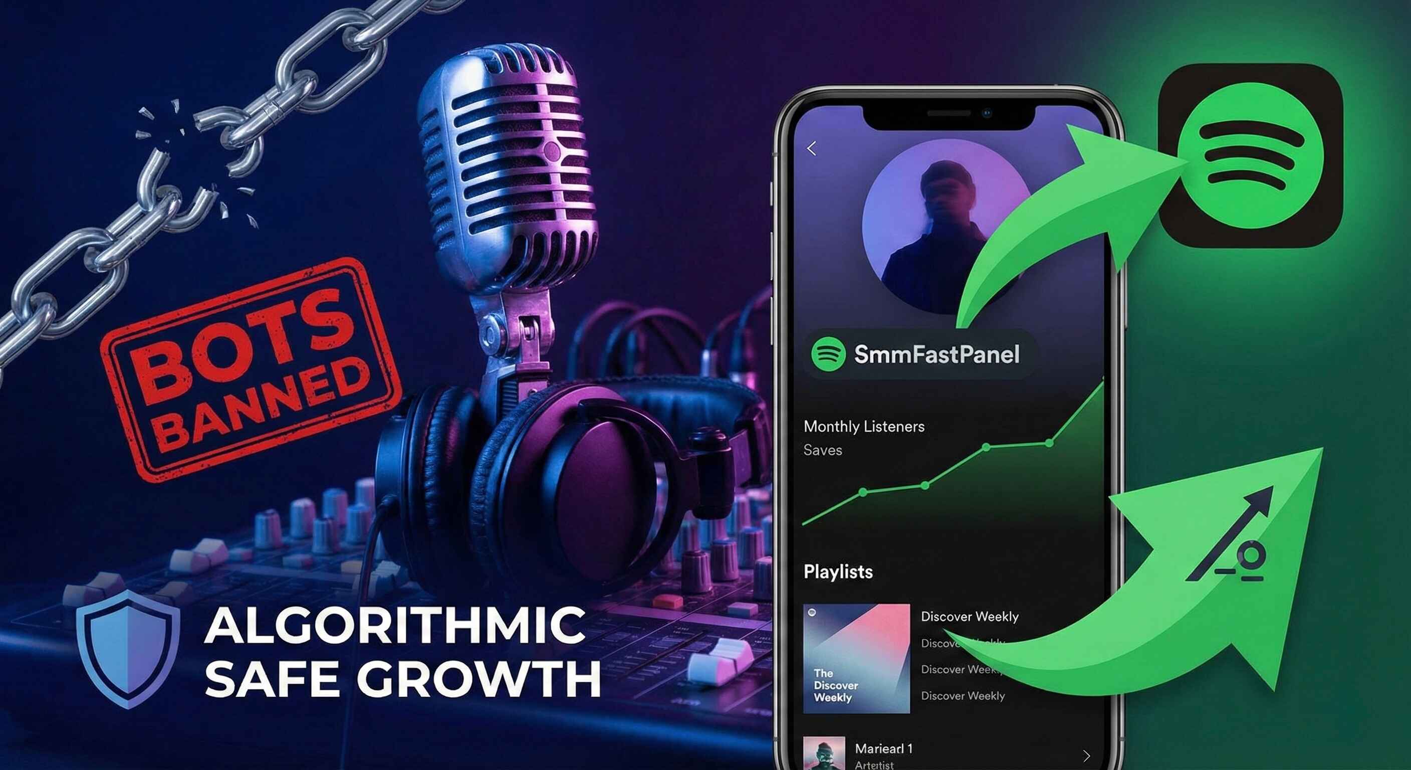 A conceptual image showing a studio microphone, headphones, and a broken chain labeled 'Bots Banned,' alongside a smartphone displaying SMM panel analytics, illustrating safe algorithmic growth for Spotify.