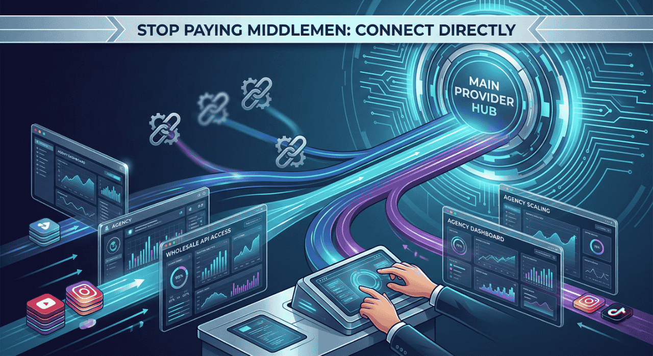 Futuristic digital visualization showing digital agency dashboards bypassing middlemen to connect directly to the direct main provider SMM panel API core at SmmFastPanel for wholesale scaling.