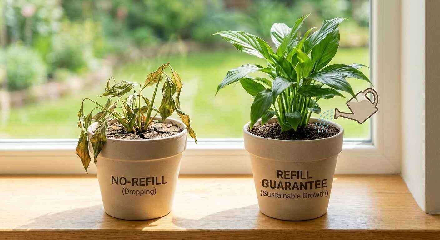 A conceptual comparison showing a wilted plant labeled 'No-Refill (Dropping)' versus a healthy, watered plant labeled 'Refill Guarantee (Sustainable Growth)', illustrating the difference between refill and no-refill SMM services.