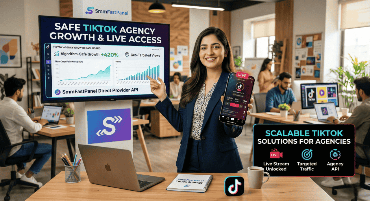 SmmFastPanel dashboard showing safe TikTok agency growth, live stream access, and targeted traffic API solutions.