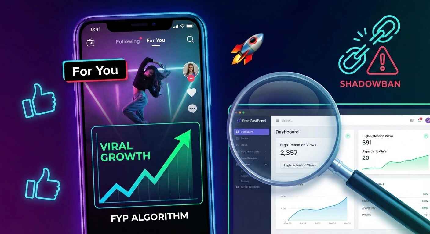 A conceptual image showing a TikTok viral growth chart on a smartphone next to an SMM panel dashboard and a shadowban warning, illustrating the need for high-retention views to trigger the FYP algorithm.