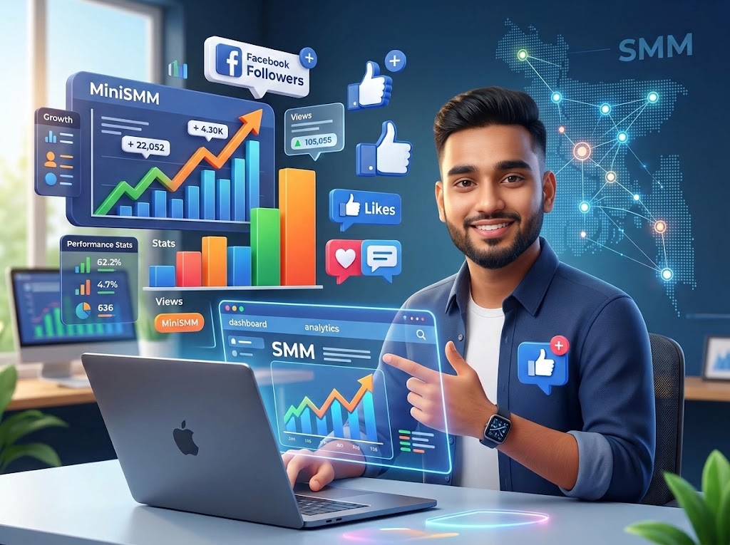 A digital marketing expert using MiniSMM, the best Facebook SMM Panel Bangladesh, to manage followers, likes, and analytics on a dashboard.