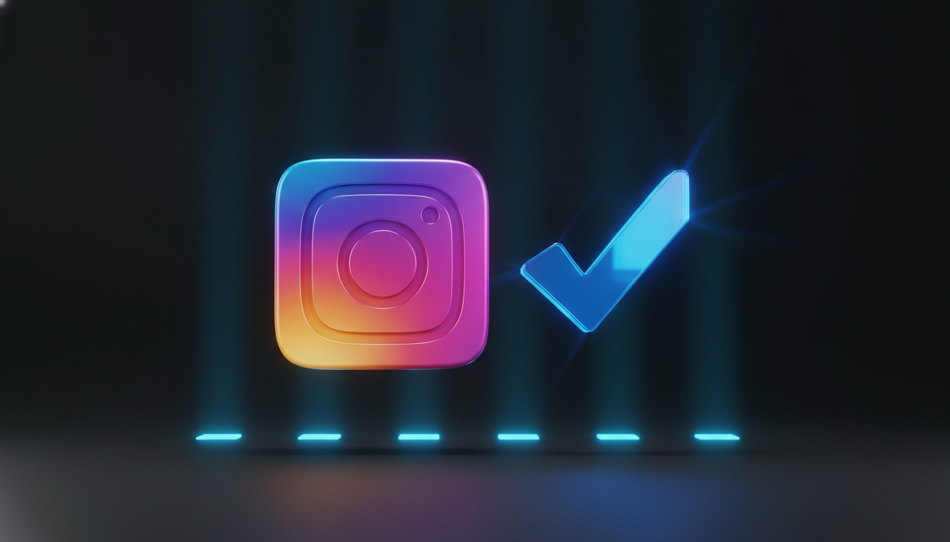 Logo do Instagram e selo verificado azul em fundo neon