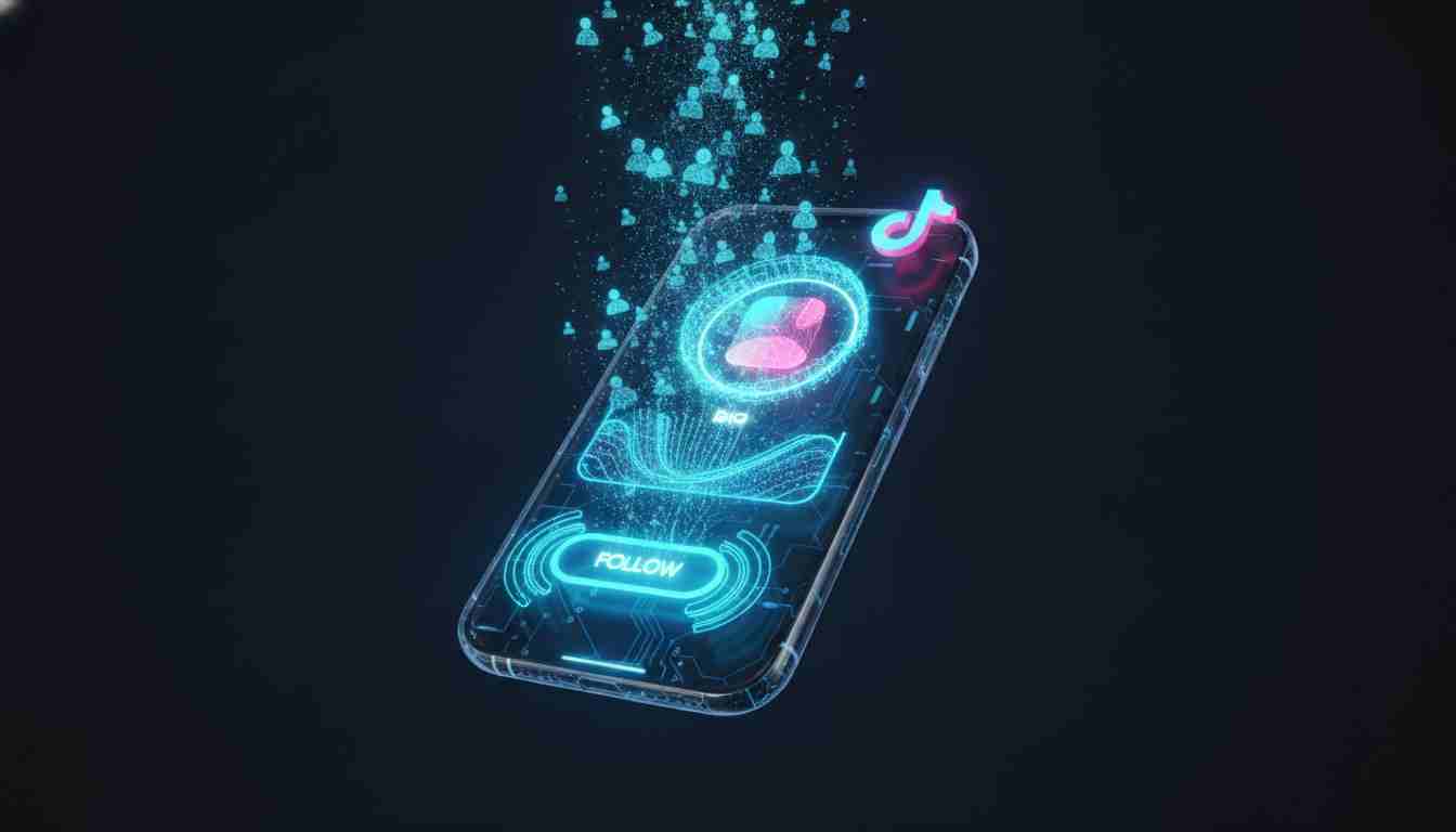 Zoptymalizowany interfejs profilu TikTok z awatarem, bio i przyciskiem obserwowania w 3D