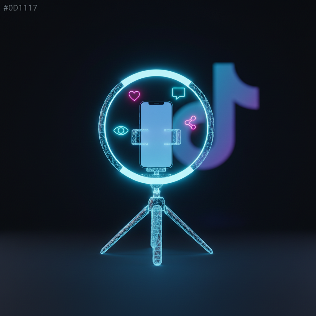 TikTok creator studio setup with light tripod and floating neon engagement icons