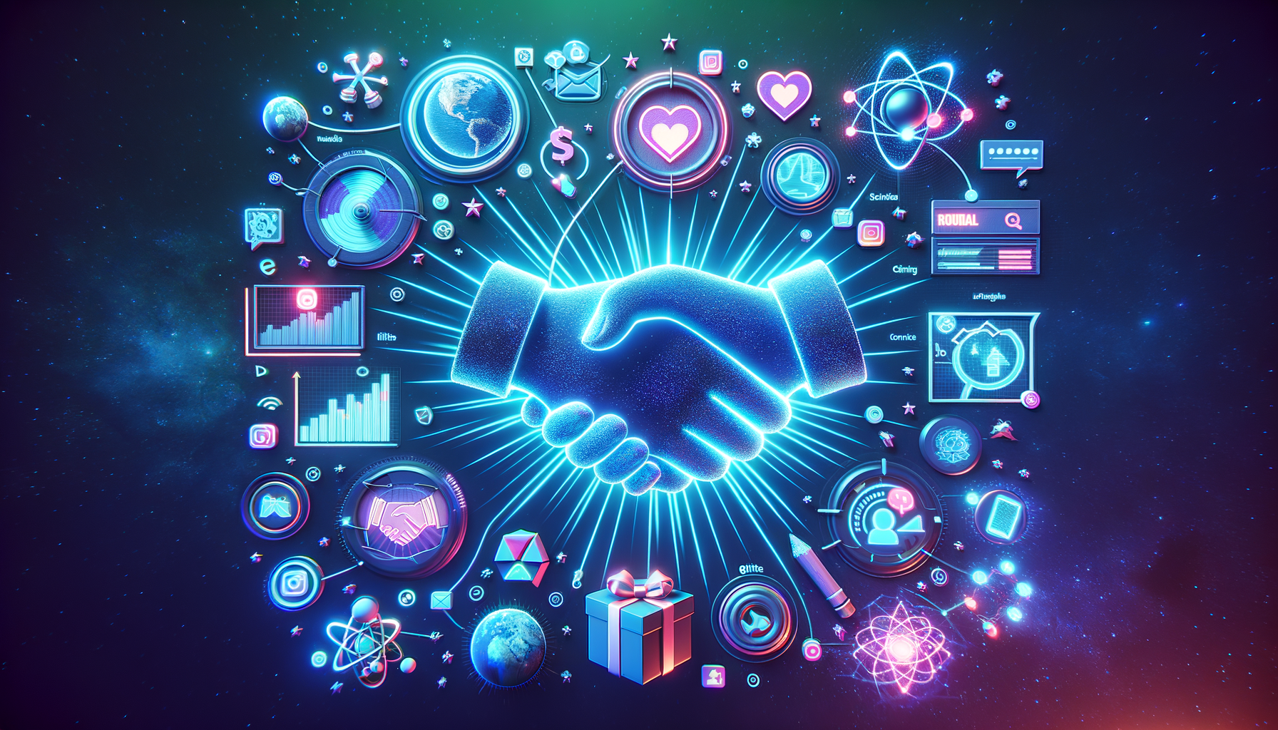 Concepto de colaboraciones con marcas y marketing de influencers - apretones de manos holograficos