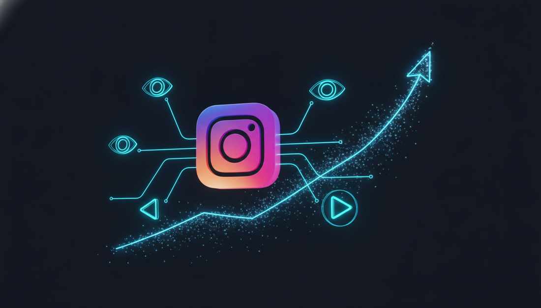 Wolumen wyświetleń na Instagramie przedstawiony jako świetliste niebieskie cząsteczki