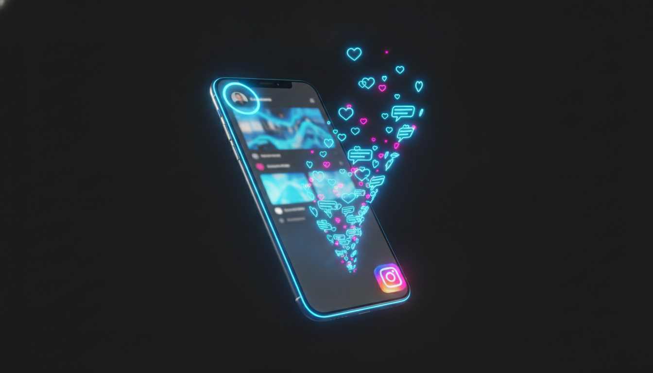 Ponsel menampilkan feed Instagram dengan like dan komentar yang naik