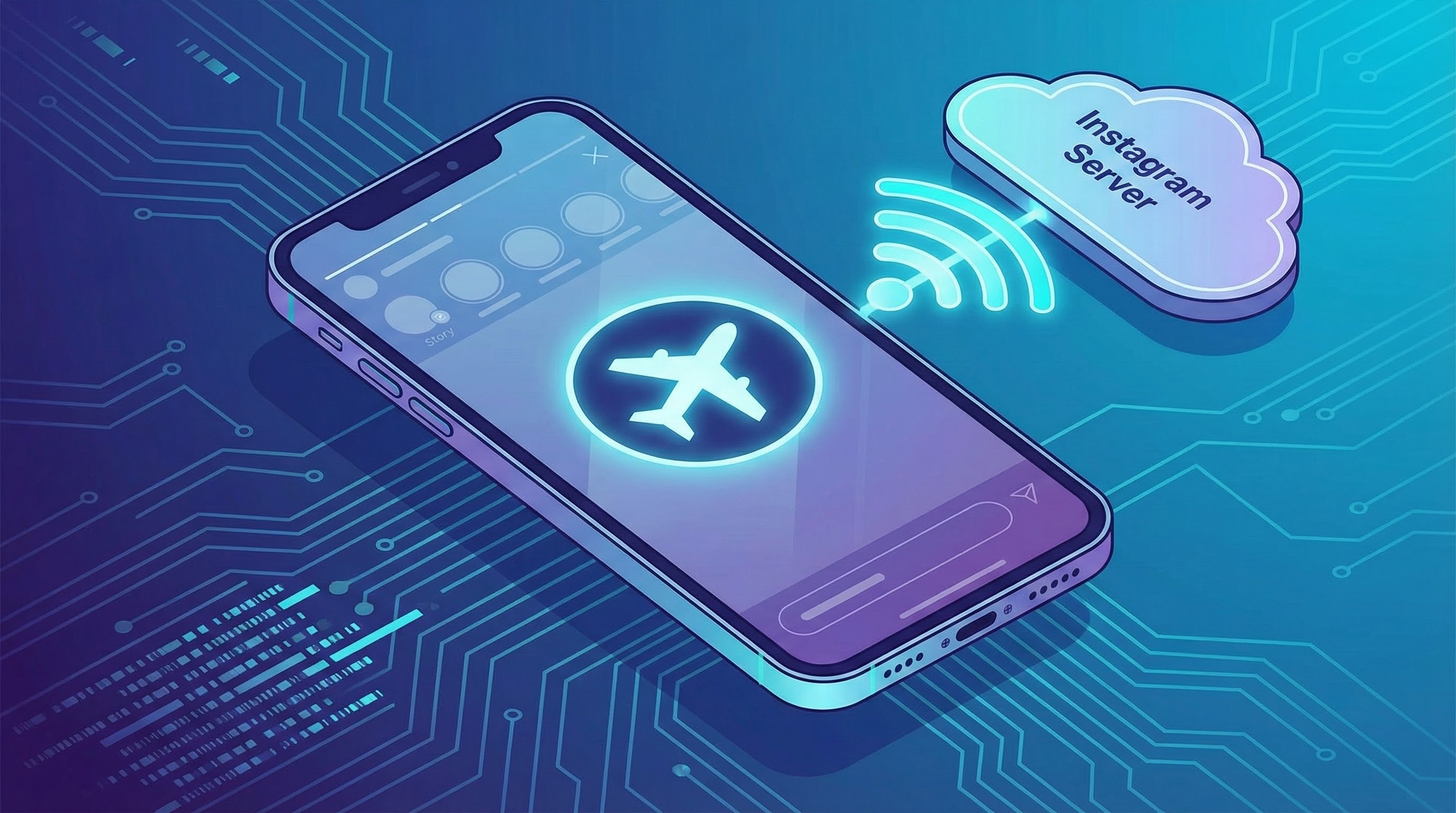 Illustration d'un smartphone avec le mode avion activé, coupant la connexion WiFi vers les serveurs d'Instagram pour voir une story.