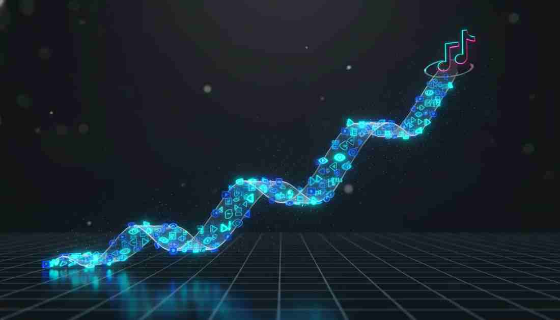 Growth curve of TikTok views in a 3D blue and cyan neon render