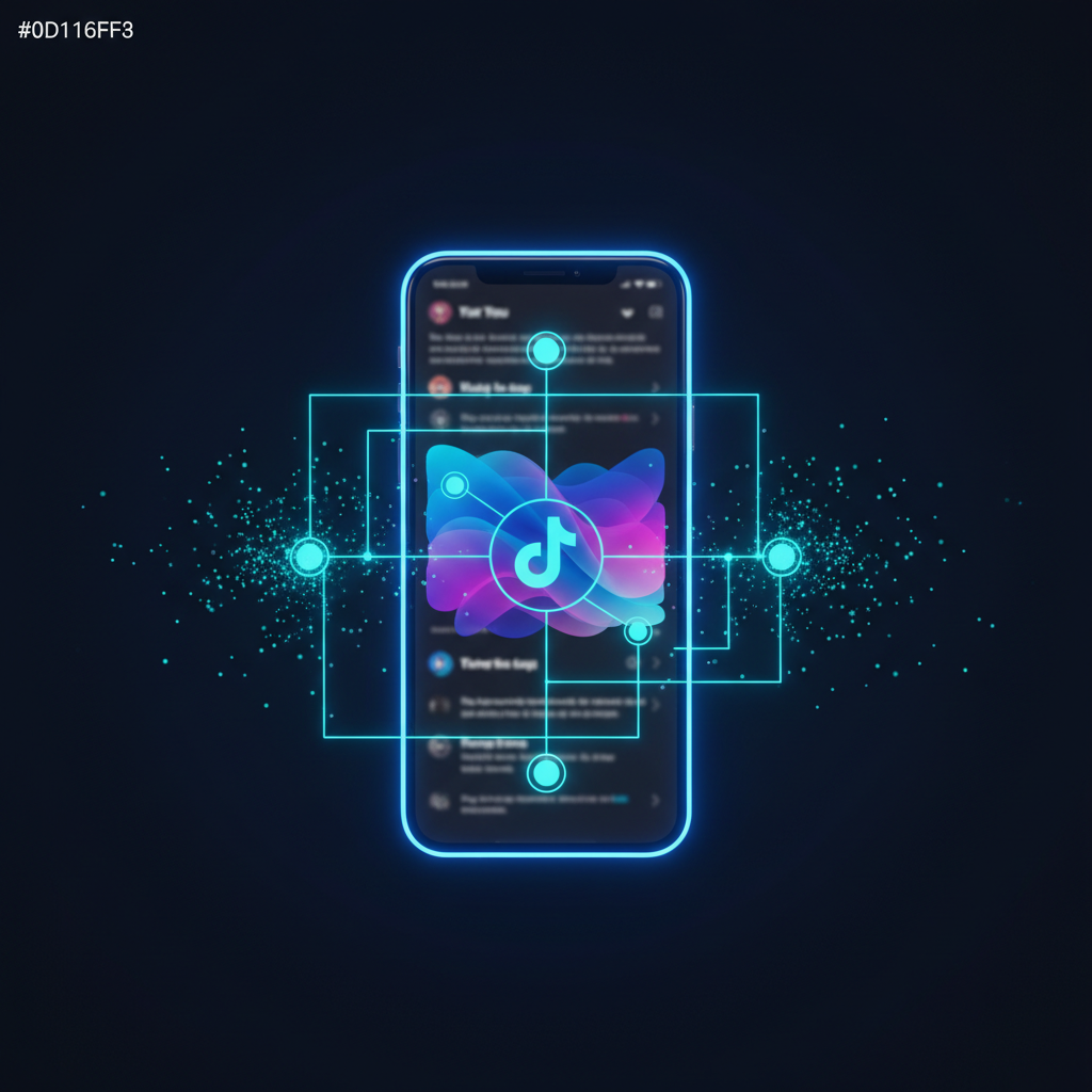 Floating TikTok smartphone with cyan algorithmic node flow in the background