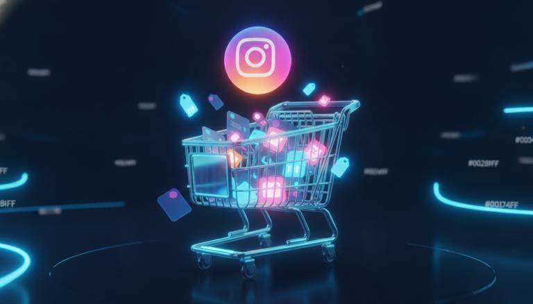 Panier 3D rempli de fiches produits néon pour une boutique Instagram