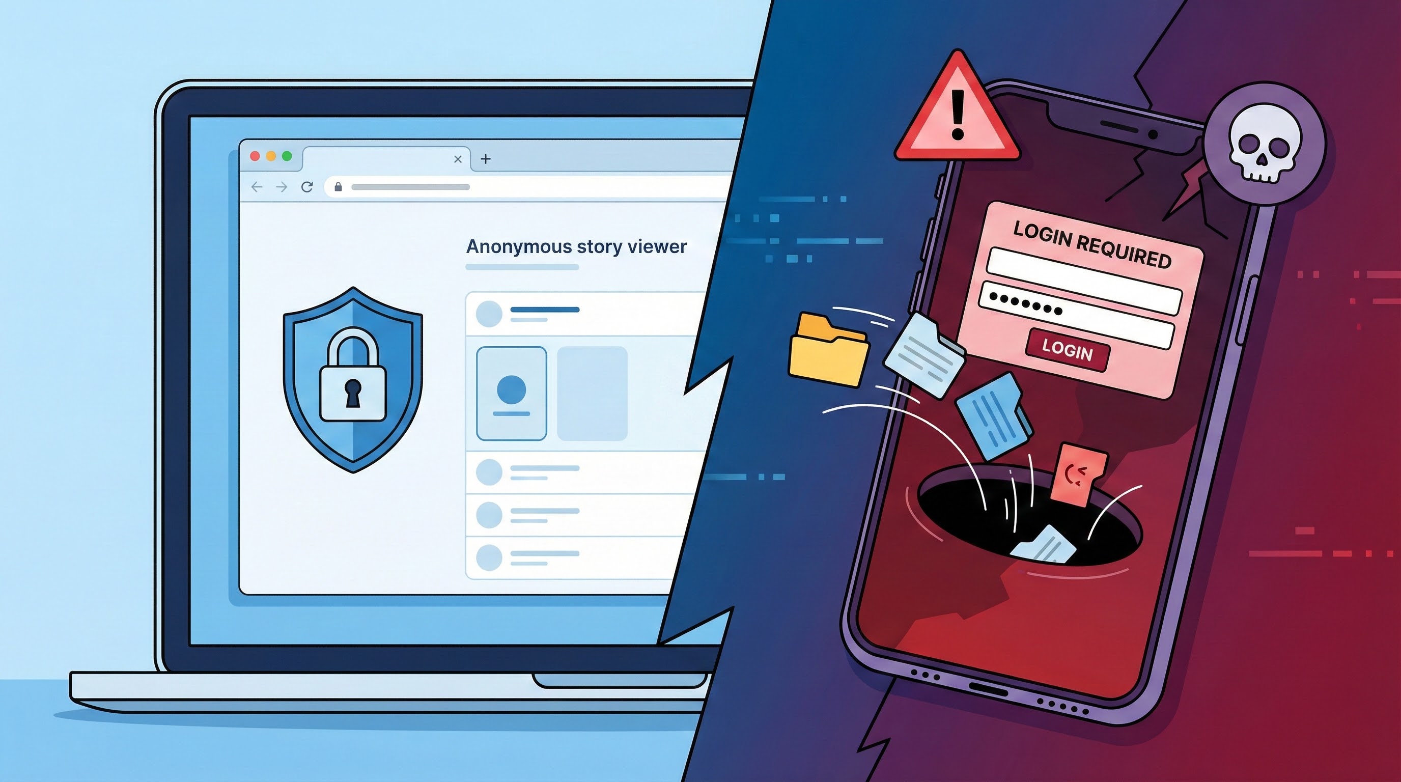 Illustration comparative montrant un site web sécurisé pour voir des stories anonymement face à une application mobile dangereuse qui vole des données personnelles.