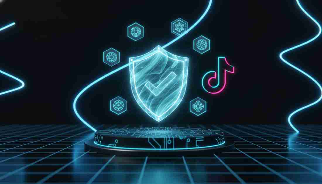 Shield with seven badges representing the criteria of a reliable TikTok views site