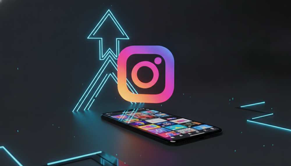 Объёмный логотип Instagram над смартфоном с лентой Reels и кривой роста