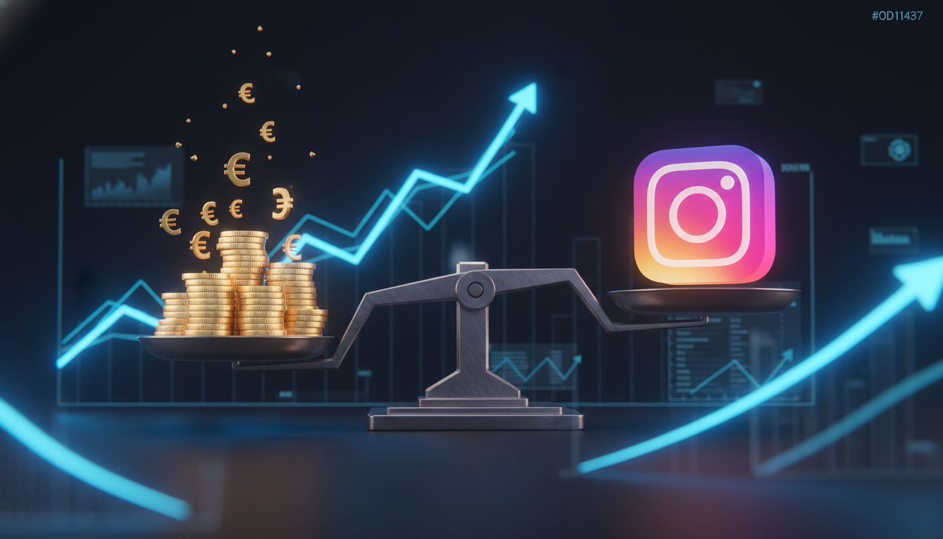 Instagram标志与欧元硬币之间的3D天平,展示浏览量到收入的转换